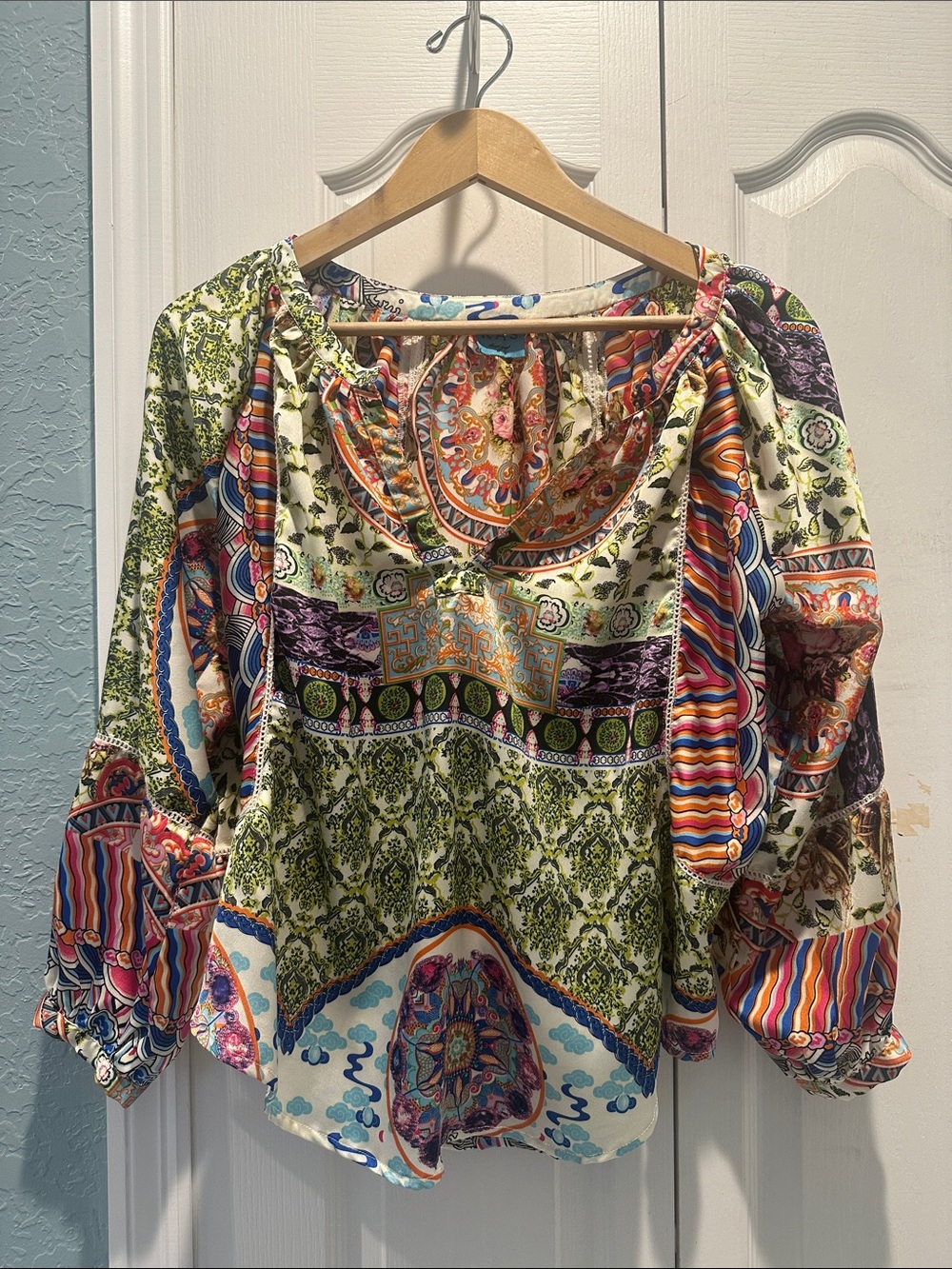 Boho Multicolor Printed Peasant Tunic Top Lightweight Size S